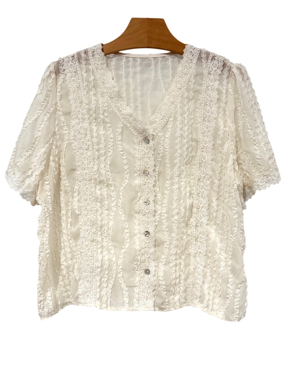 Shein Button Down Lace Trim Ruffle Blouse Sheer Cream XL